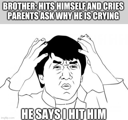Jackie Chan WTF Meme | BROTHER: HITS HIMSELF AND CRIES
PARENTS ASK WHY HE IS CRYING; HE SAYS I HIT HIM | image tagged in memes,jackie chan wtf | made w/ Imgflip meme maker
