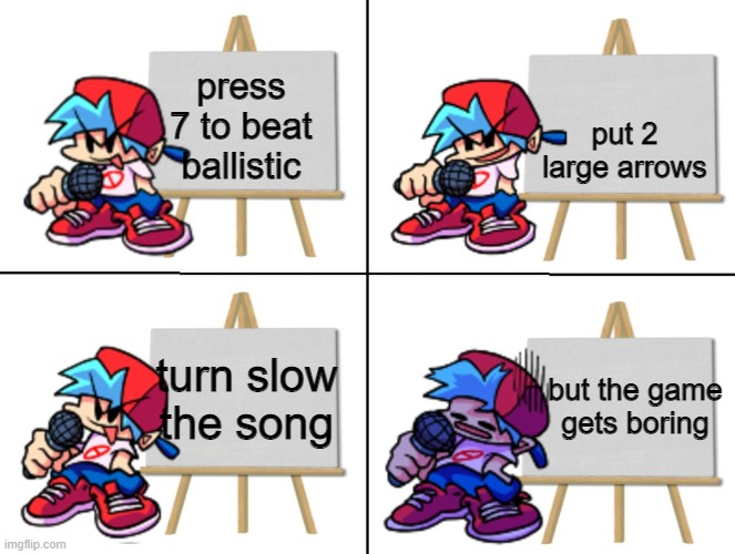 ballistic plan | put 2 large arrows; press 7 to beat ballistic; turn slow the song; but the game gets boring | image tagged in the bf's plan,friday night funkin,gaming | made w/ Imgflip meme maker