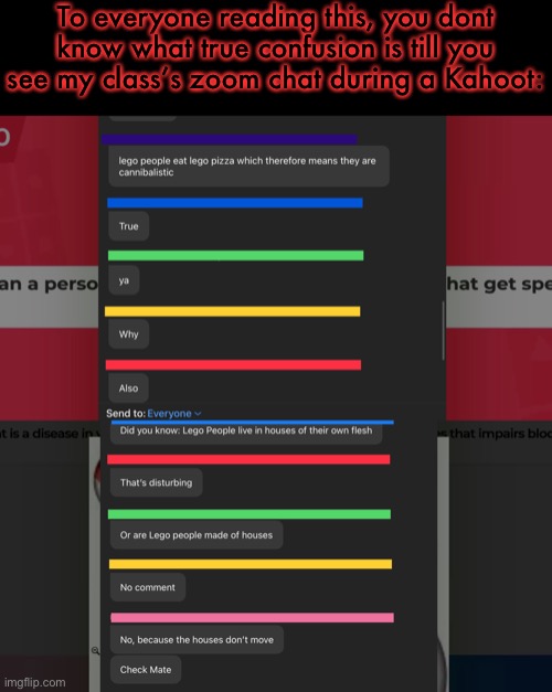 To everyone reading this, you dont know what true confusion is till you see my class’s zoom chat during a Kahoot: | made w/ Imgflip meme maker