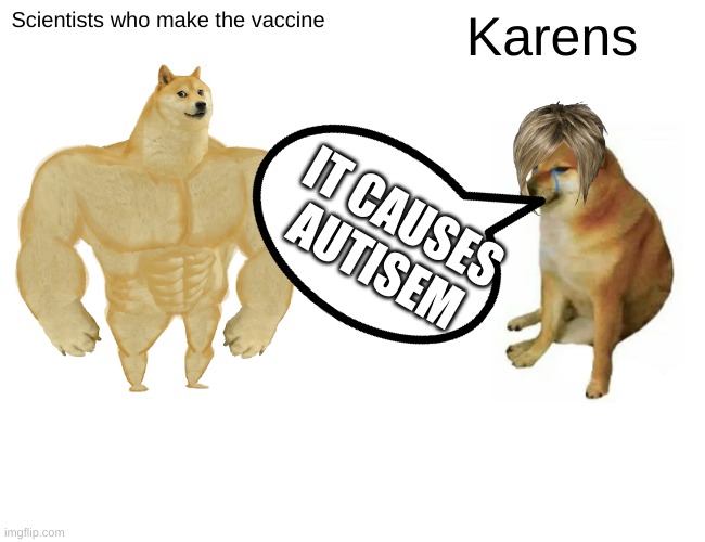 Upvote if you agree | Scientists who make the vaccine; Karens; IT CAUSES AUTISEM | image tagged in memes,buff doge vs cheems | made w/ Imgflip meme maker