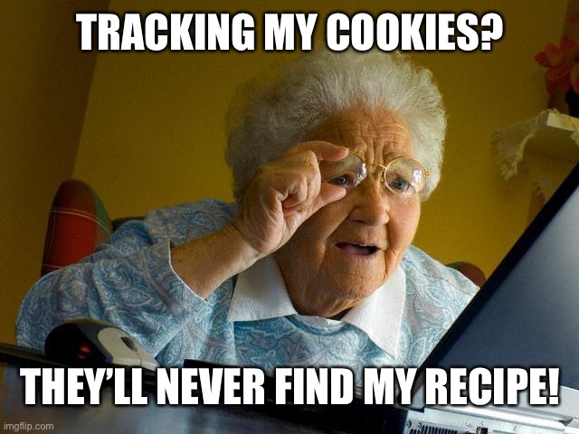 Oh, Grandma... | TRACKING MY COOKIES? THEY’LL NEVER FIND MY RECIPE! | image tagged in memes,grandma finds the internet | made w/ Imgflip meme maker