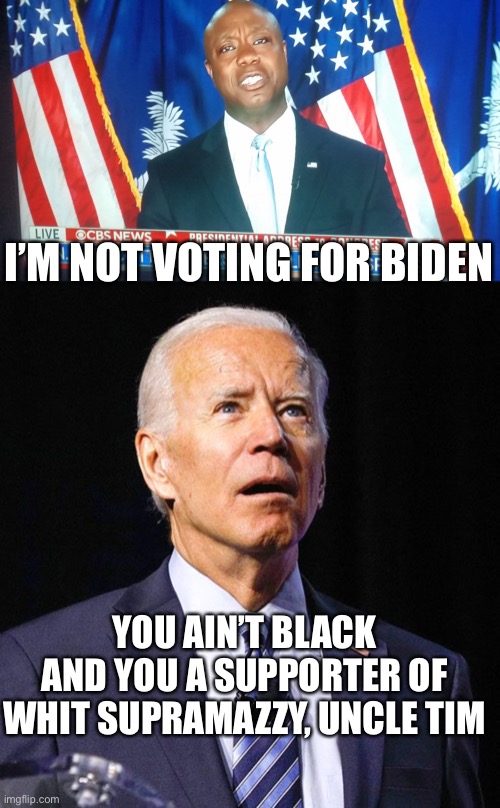 You ain’t black | I’M NOT VOTING FOR BIDEN; YOU AIN’T BLACK AND YOU A SUPPORTER OF WHIT SUPRAMAZZY, UNCLE TIM | image tagged in tim scott,joe biden | made w/ Imgflip meme maker