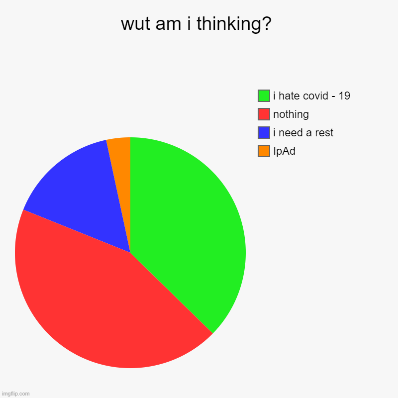 yea | wut am i thinking? | IpAd , i need a rest , nothing, i hate covid - 19 | image tagged in charts,pie charts | made w/ Imgflip chart maker