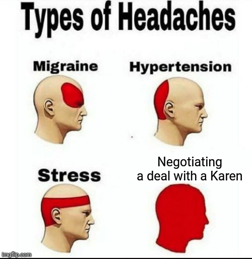 Smh, negotiating a deal with a Karen | Negotiating a deal with a Karen | image tagged in types of headaches meme,karens,karen,memes,meme,negotiation | made w/ Imgflip meme maker