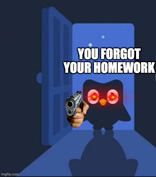 duolingo bird | YOU FORGOT YOUR HOMEWORK | image tagged in duolingo bird | made w/ Imgflip meme maker