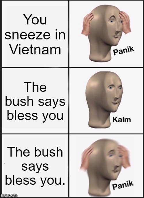 When you sneeze in vietnam | You sneeze in Vietnam; The bush says bless you; The bush says bless you. | image tagged in memes,panik kalm panik | made w/ Imgflip meme maker