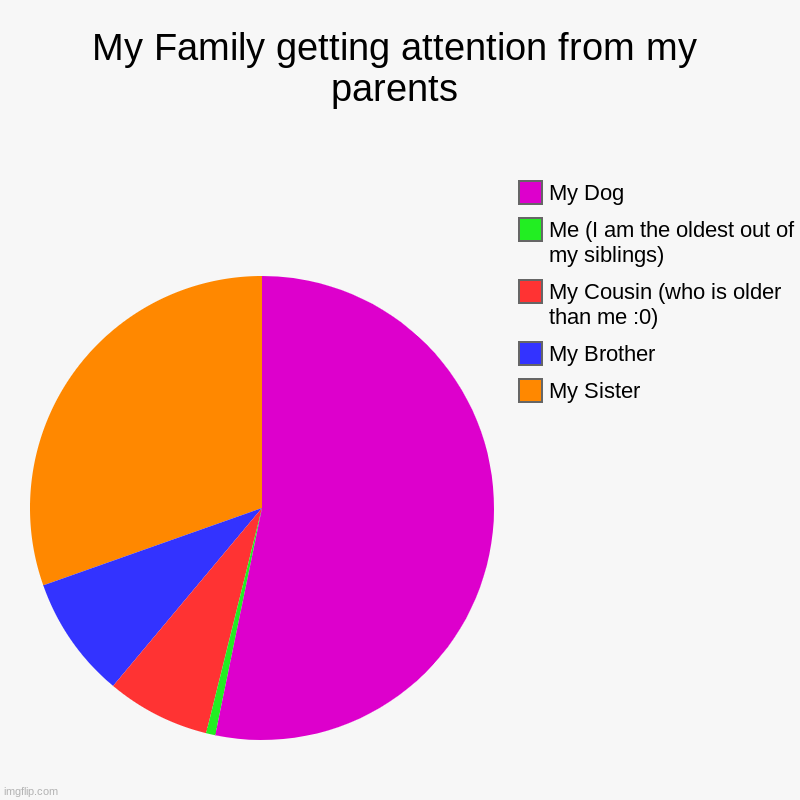 Its true >:( | My Family getting attention from my parents | My Sister, My Brother, My Cousin (who is older than me :0), Me (I am the oldest out of my sibl | image tagged in charts,pie charts | made w/ Imgflip chart maker