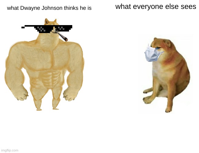 Buff Doge vs. Cheems | what everyone else sees; what Dwayne Johnson thinks he is | image tagged in memes,buff doge vs cheems | made w/ Imgflip meme maker