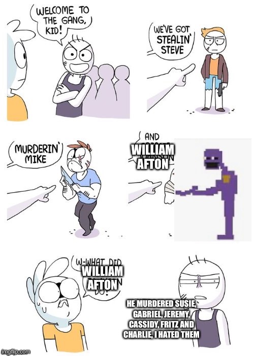 How can you hate those kids? | WILLIAM AFTON; WILLIAM AFTON; HE MURDERED SUSIE, GABRIEL, JEREMY, CASSIDY, FRITZ AND CHARLIE, I HATED THEM | image tagged in crimes johnson | made w/ Imgflip meme maker