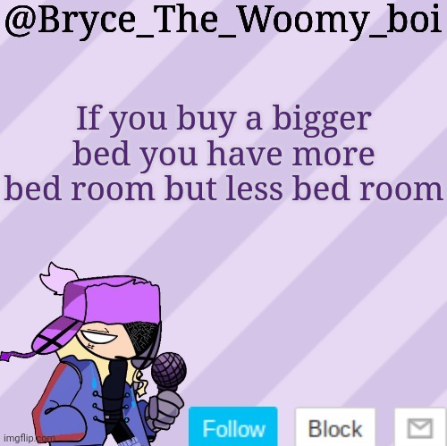 Bryce_The_Woomy_boi | If you buy a bigger bed you have more bed room but less bed room | image tagged in bryce_the_woomy_boi | made w/ Imgflip meme maker