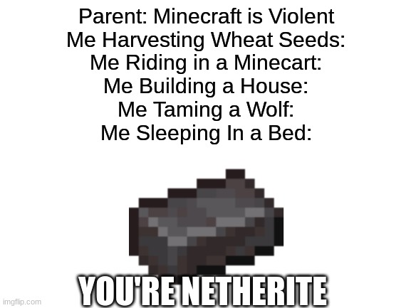 Never Right, Netherite | Parent: Minecraft is Violent
Me Harvesting Wheat Seeds:
Me Riding in a Minecart:
Me Building a House:
Me Taming a Wolf:
Me Sleeping In a Bed:; YOU'RE NETHERITE | image tagged in netherite,parents,minecraft,humor,funny,memes | made w/ Imgflip meme maker