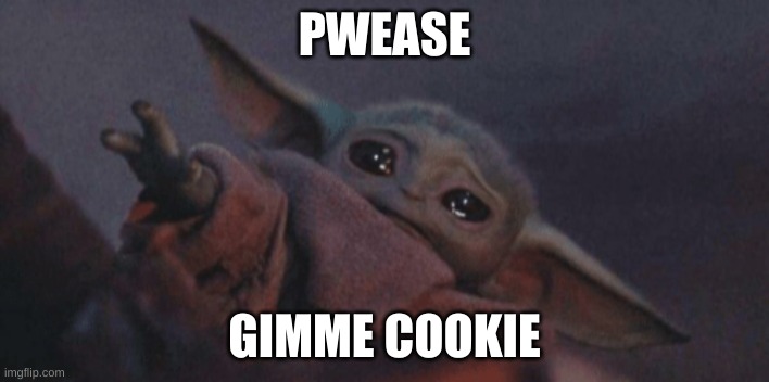 Baby yoda cry | PWEASE; GIMME COOKIE | image tagged in baby yoda cry | made w/ Imgflip meme maker