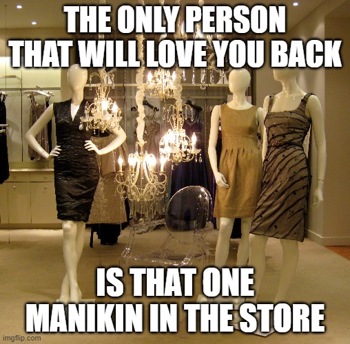 my true love :D | THE ONLY PERSON THAT WILL LOVE YOU BACK; IS THAT ONE MANIKIN IN THE STORE | image tagged in funny memes,memes,when you realize,reality,life sucks,love | made w/ Imgflip meme maker