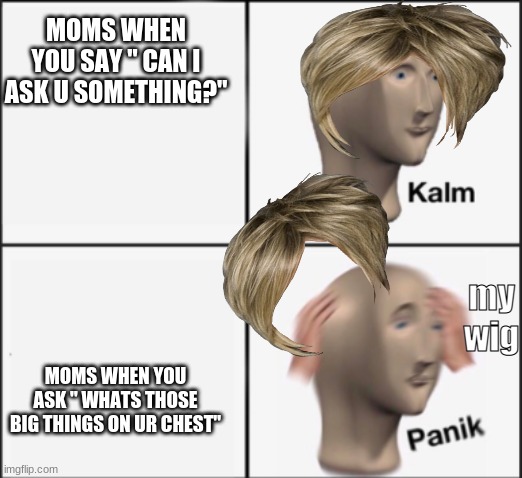 kalm panik | MOMS WHEN YOU SAY " CAN I ASK U SOMETHING?"; my wig; MOMS WHEN YOU ASK " WHATS THOSE BIG THINGS ON UR CHEST" | image tagged in kalm panik | made w/ Imgflip meme maker