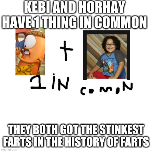 Kebi + Horhay | KEBI AND HORHAY HAVE 1 THING IN COMMON; THEY BOTH GOT THE STINKEST FARTS IN THE HISTORY OF FARTS | image tagged in memes,kebi,horhay,farts | made w/ Imgflip meme maker