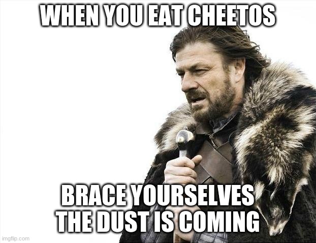 I made this while eating cheetos | WHEN YOU EAT CHEETOS; BRACE YOURSELVES THE DUST IS COMING | image tagged in memes,brace yourselves x is coming | made w/ Imgflip meme maker