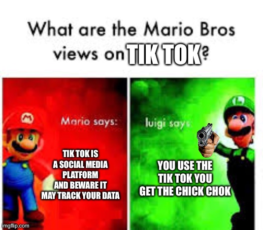 Tik tok go die | TIK TOK; TIK TOK IS A SOCIAL MEDIA PLATFORM AND BEWARE IT MAY TRACK YOUR DATA; YOU USE THE TIK TOK YOU GET THE CHICK CHOK | image tagged in mario brothers veiws | made w/ Imgflip meme maker