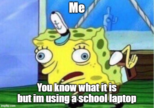 Mocking Spongebob Meme | Me; You know what it is but im using a school laptop | image tagged in memes,mocking spongebob | made w/ Imgflip meme maker