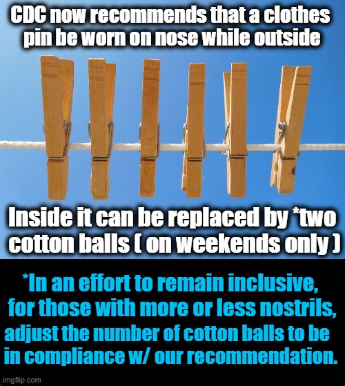 And You Actually Would Find People To Go Along With It! | CDC now recommends that a clothes 
pin be worn on nose while outside; Inside it can be replaced by *two 
cotton balls ( on weekends only ); *In an effort to remain inclusive, 

for those with more or less nostrils, adjust the number of cotton balls to be   

in compliance w/ our recommendation. | image tagged in political,cdc,sheep,control | made w/ Imgflip meme maker