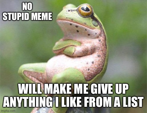 No stupid meme | NO STUPID MEME; WILL MAKE ME GIVE UP ANYTHING I LIKE FROM A LIST | image tagged in frog crossed arms | made w/ Imgflip meme maker