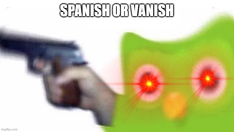 duolingo gun | SPANISH OR VANISH | image tagged in duolingo gun | made w/ Imgflip meme maker