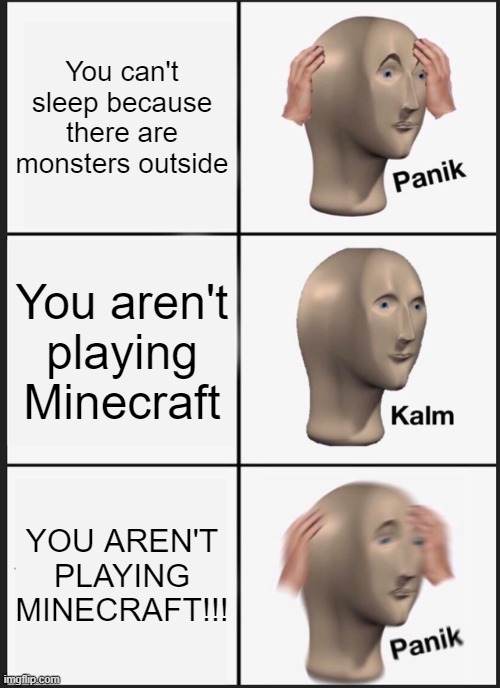The Gamer under your bed liked this meme | You can't sleep because there are monsters outside; You aren't playing Minecraft; YOU AREN'T PLAYING MINECRAFT!!! | image tagged in memes,panik kalm panik | made w/ Imgflip meme maker