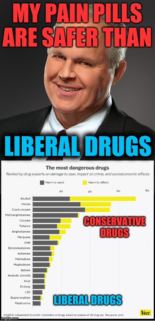 is he right? or left? | MY PAIN PILLS
ARE SAFER THAN; LIBERAL DRUGS; CONSERVATIVE DRUGS; LIBERAL DRUGS | image tagged in rush limbaugh smile,conservative hypocrisy,drug war,drug addiction,therapy,healing | made w/ Imgflip meme maker