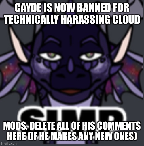 Peacemaker simp | CAYDE IS NOW BANNED FOR TECHNICALLY HARASSING CLOUD; MODS, DELETE ALL OF HIS COMMENTS HERE (IF HE MAKES ANY NEW ONES) | image tagged in peacemaker simp | made w/ Imgflip meme maker