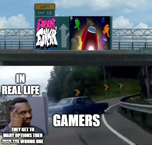 Swerving Car | IN REAL LIFE; GAMERS; THEY GET TO MANY OPTIONS THEN PICK THE WRONG ONE | image tagged in swerving car | made w/ Imgflip meme maker