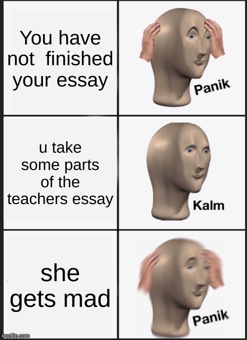 Panik Kalm Panik Meme | You have not  finished your essay; u take some parts of the teachers essay; she gets mad | image tagged in memes,panik kalm panik | made w/ Imgflip meme maker