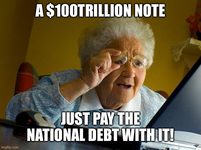 Grandma Finds The Internet Meme | A $100TRILLION NOTE JUST PAY THE NATIONAL DEBT WITH IT! | image tagged in memes,grandma finds the internet | made w/ Imgflip meme maker