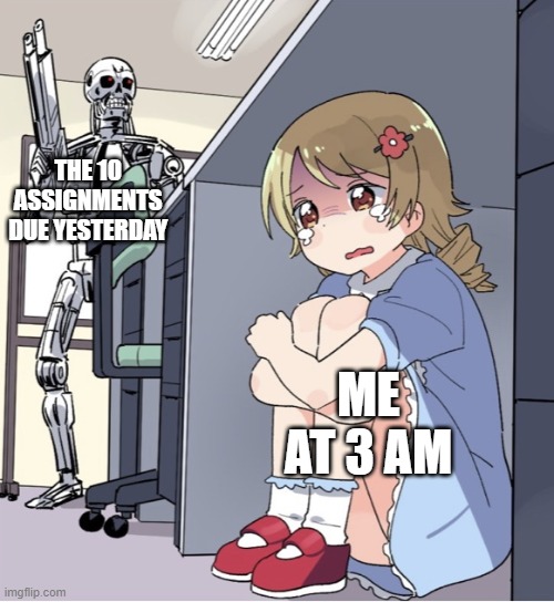 Anime Girl Hiding from Terminator | THE 10 ASSIGNMENTS DUE YESTERDAY; ME AT 3 AM | image tagged in anime girl hiding from terminator | made w/ Imgflip meme maker