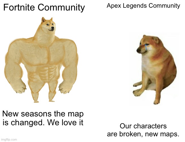 Buff Doge vs. Cheems | Fortnite Community; Apex Legends Community; New seasons the map is changed. We love it; Our characters are broken, new maps. | image tagged in memes,buff doge vs cheems | made w/ Imgflip meme maker