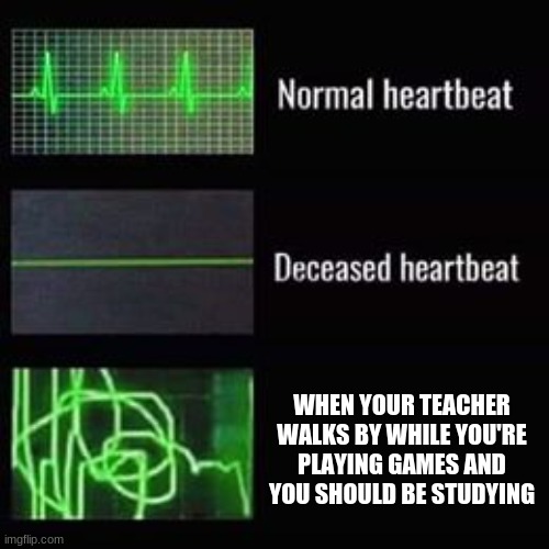 this almost happened today when i was at in-person school | WHEN YOUR TEACHER WALKS BY WHILE YOU'RE PLAYING GAMES AND YOU SHOULD BE STUDYING | image tagged in heartbeat rate | made w/ Imgflip meme maker