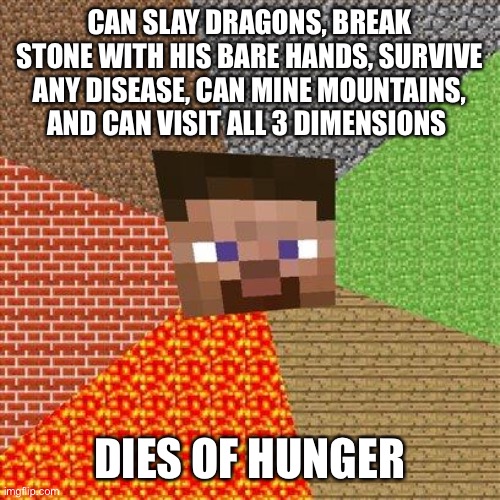 Minecraft Steve | CAN SLAY DRAGONS, BREAK STONE WITH HIS BARE HANDS, SURVIVE ANY DISEASE, CAN MINE MOUNTAINS, AND CAN VISIT ALL 3 DIMENSIONS; DIES OF HUNGER | image tagged in minecraft steve | made w/ Imgflip meme maker