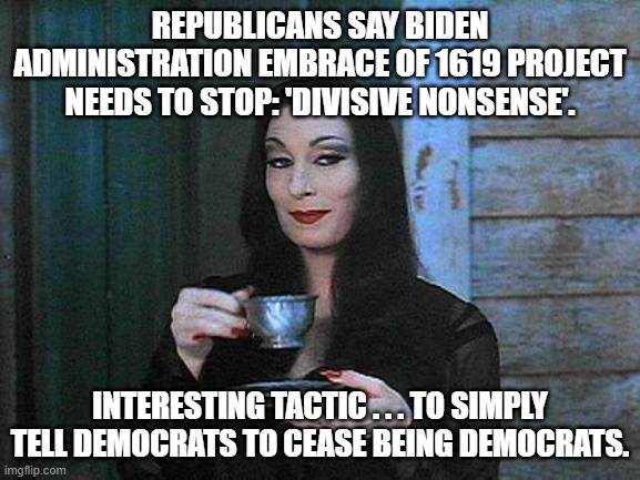 Sure . . . why not? | REPUBLICANS SAY BIDEN ADMINISTRATION EMBRACE OF 1619 PROJECT NEEDS TO STOP: 'DIVISIVE NONSENSE'. INTERESTING TACTIC . . . TO SIMPLY TELL DEMOCRATS TO CEASE BEING DEMOCRATS. | image tagged in morticia drinking tea | made w/ Imgflip meme maker