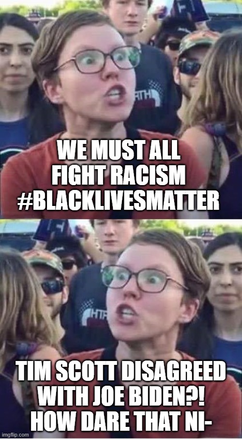 sjw leftist shows what a racist she truly is | WE MUST ALL FIGHT RACISM #BLACKLIVESMATTER; TIM SCOTT DISAGREED WITH JOE BIDEN?! HOW DARE THAT NI- | image tagged in angry liberal hypocrite,liberal hypocrisy,racism | made w/ Imgflip meme maker