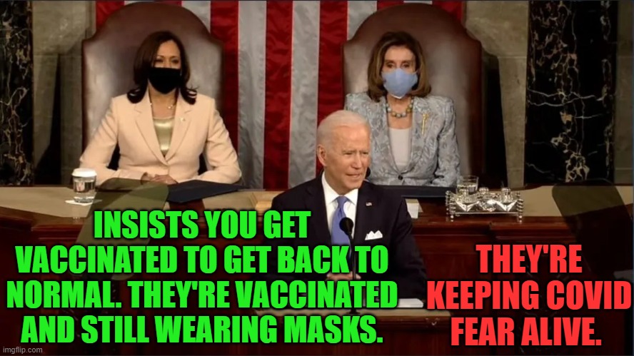 Covid Fear | THEY'RE KEEPING COVID FEAR ALIVE. INSISTS YOU GET VACCINATED TO GET BACK TO NORMAL. THEY'RE VACCINATED AND STILL WEARING MASKS. | image tagged in politics,covid19,masks | made w/ Imgflip meme maker