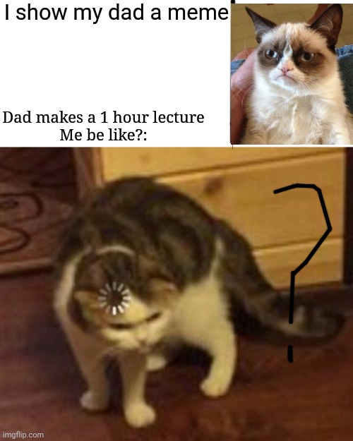 My dad in a nutshell | I show my dad a meme; Dad makes a 1 hour lecture
Me be like?: | image tagged in loading cat | made w/ Imgflip meme maker