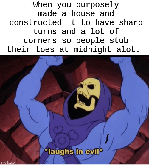 Laughs in evil | When you purposely made a house and constructed it to have sharp turns and a lot of corners so people stub their toes at midnight alot. | image tagged in laughs in evil | made w/ Imgflip meme maker