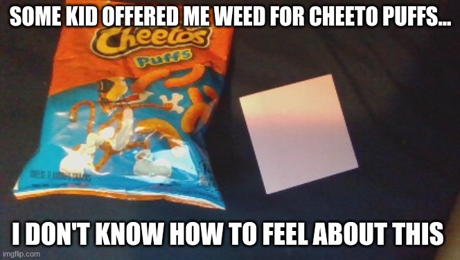Thats the actual bag... | SOME KID OFFERED ME WEED FOR CHEETO PUFFS... I DON'T KNOW HOW TO FEEL ABOUT THIS | made w/ Imgflip meme maker