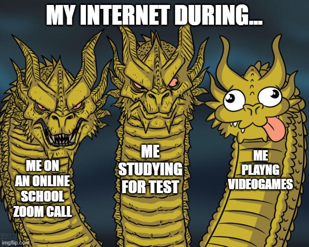 internet problems cant be fixed | MY INTERNET DURING... ME STUDYING FOR TEST; ME PLAYNG VIDEOGAMES; ME ON AN ONLINE SCHOOL ZOOM CALL | image tagged in three-headed dragon,po,ta,to,memes,meme | made w/ Imgflip meme maker
