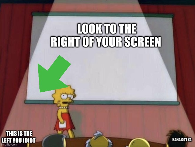 Lisa petition meme |  LOOK TO THE RIGHT OF YOUR SCREEN; THIS IS THE LEFT YOU IDIOT; HAHA GOT YA | image tagged in lisa petition meme | made w/ Imgflip meme maker