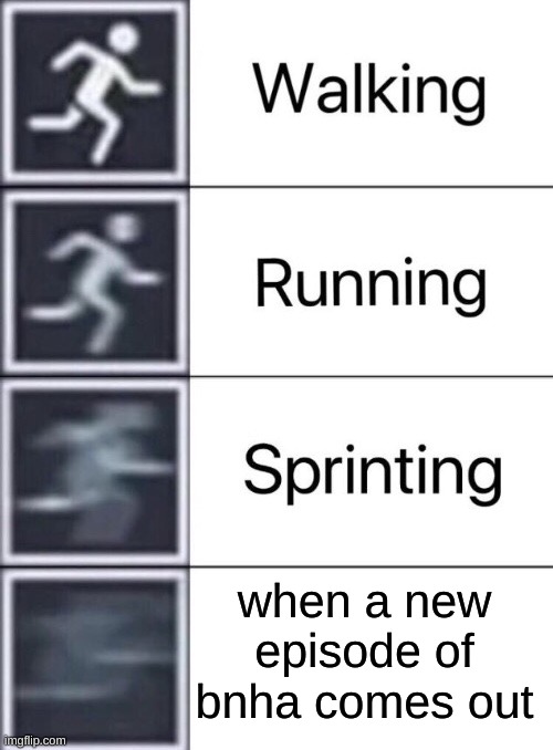 Walking, Running, Sprinting | when a new episode of bnha comes out | image tagged in walking running sprinting | made w/ Imgflip meme maker