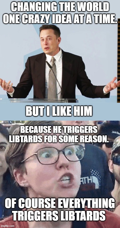 I mean the dude is smart af | CHANGING THE WORLD ONE CRAZY IDEA AT A TIME. BUT I LIKE HIM; BECAUSE HE TRIGGERS LIBTARDS FOR SOME REASON. OF COURSE EVERYTHING TRIGGERS LIBTARDS | image tagged in elon musk,triggered liberal | made w/ Imgflip meme maker
