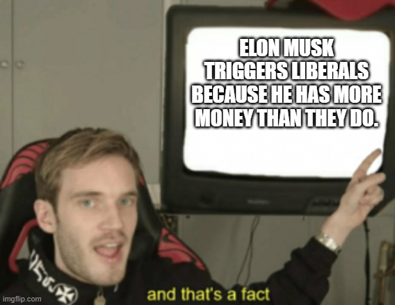and that's a fact | ELON MUSK TRIGGERS LIBERALS BECAUSE HE HAS MORE MONEY THAN THEY DO. | image tagged in and that's a fact | made w/ Imgflip meme maker