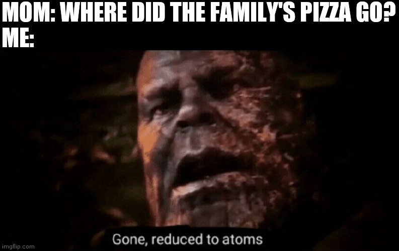 Literally just ate a whole pizza ;-; | MOM: WHERE DID THE FAMILY'S PIZZA GO?
ME: | image tagged in gone reduced to atoms | made w/ Imgflip meme maker