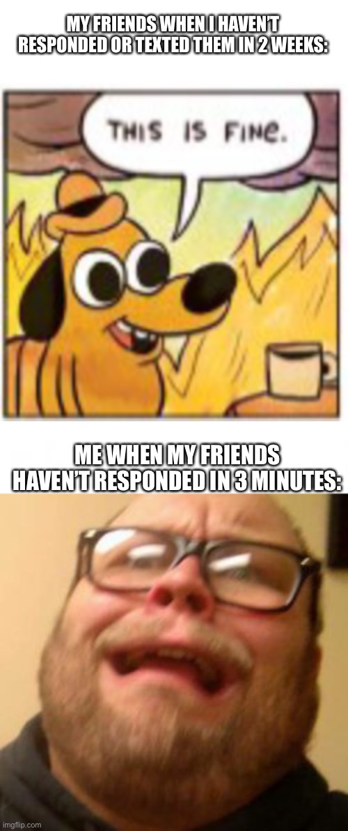 MY FRIENDS WHEN I HAVEN’T RESPONDED OR TEXTED THEM IN 2 WEEKS:; ME WHEN MY FRIENDS HAVEN’T RESPONDED IN 3 MINUTES: | made w/ Imgflip meme maker