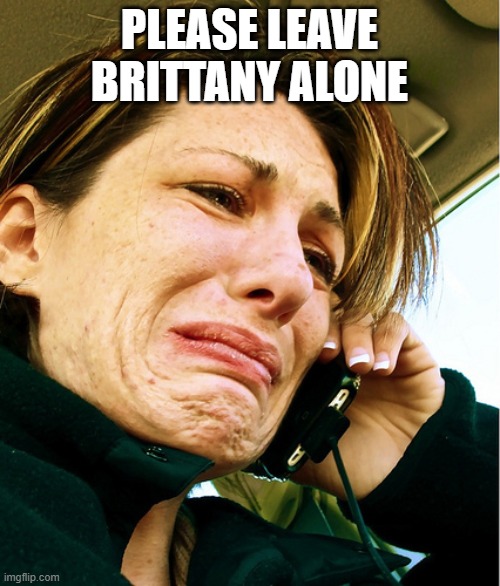 Crying on Phone | PLEASE LEAVE BRITTANY ALONE | image tagged in crying on phone | made w/ Imgflip meme maker