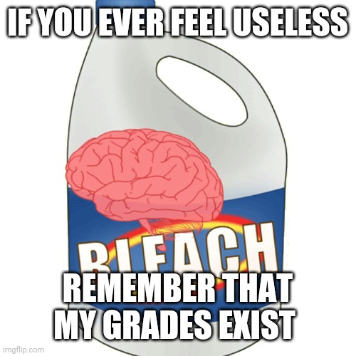 Brain bleach | IF YOU EVER FEEL USELESS; REMEMBER THAT MY GRADES EXIST | image tagged in brain bleach | made w/ Imgflip meme maker